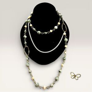 🥳 3/$26 Green Jasper & Peach Crystal Beaded Necklace Gold Tone Long Layered